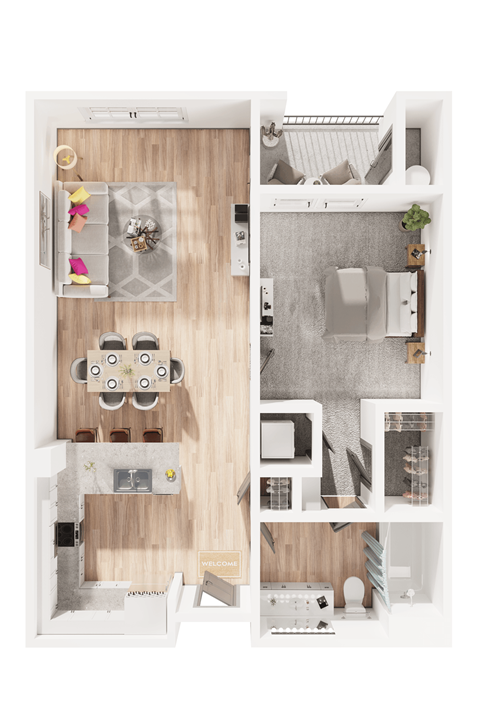 Floor plan for 1 bed, 1 bath, 801 sqft